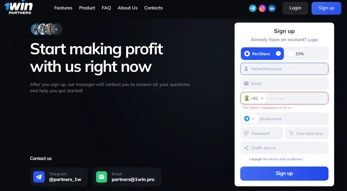 1win affiliate registration page
