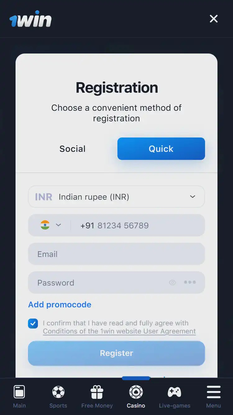 1win online registration